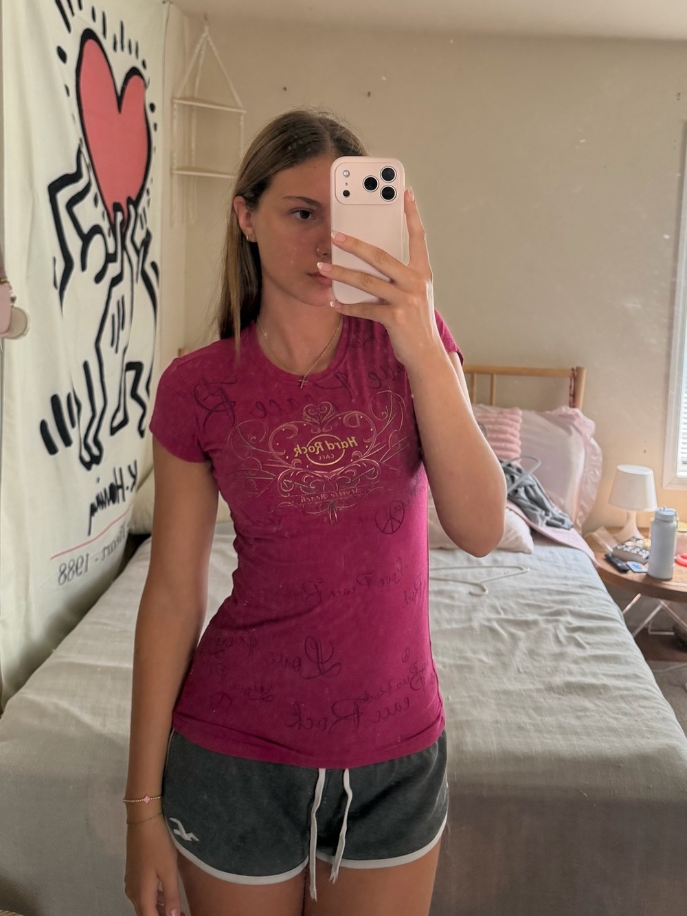Hard Rock Cafe Fitted Pink Graphic Tee with Gold Logo